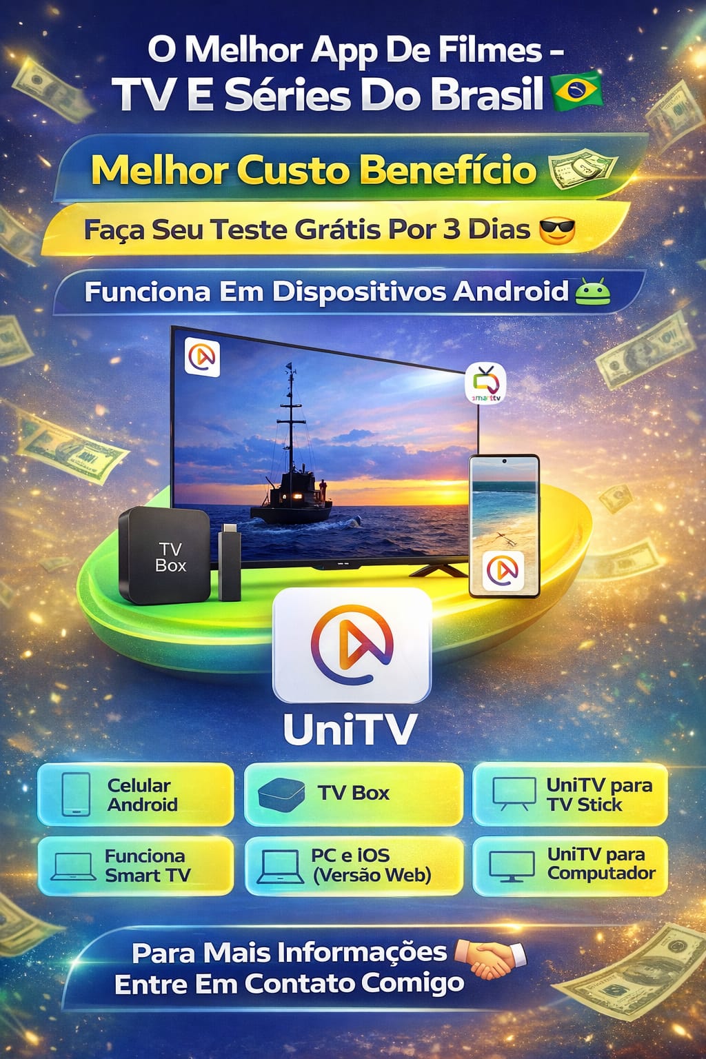 UniTV rodando em Smart TV, celular, tablet, laptop, TV Box e Fire Stick